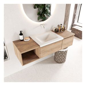 Mondiaz Bukla 140cm badmeubel met open module 40 links kleur washed oak 2 lades wastafel midden zonder kraangat kleur talc