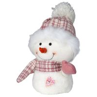 Pluche decoratie sneeuwpop - 27 cm - roze - pop - met sjaal en muts - Kerstman pop - thumbnail