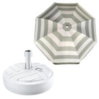 Tuin parasol met voet van 10 liter - zilvergrijs/wit strepen - polyester/kunststof - Dia 180 cm