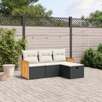 4-delige Loungeset met kussens poly rattan zwart