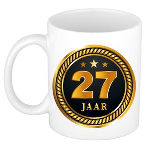 27 jaar jubileum/ verjaardag cadeau beker met zwart/ gouden medaille   -