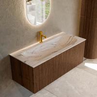 Badmeubel Mondiaz Kurve-Dlux | 110 cm | Meubelkleur Walnut | Wastafelkleur Nata | Solid surface | Wasbak midden spoelbak | 1 kraangat