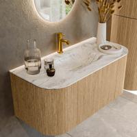 Mondiaz KURVE-DLUX 100 cm Onderkast Greeploos 1 Lade Met Deuren Oak, Wastafel Solid Surface MIdden Glace 1 Kraangat Zonder Spiegel (KRVGRU100L+R1L2D1KM-Oak/Gla)