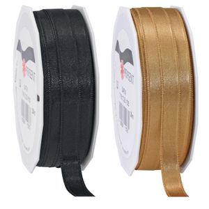 2x rollen satijn sierlint/cadeaulint - zwart en brons - 1 cm x 25m p/rol