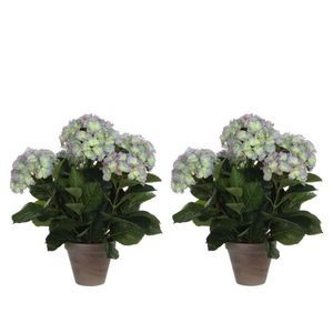 2x Groene/paarse Hortensia kunstplanten 45 cm in pot