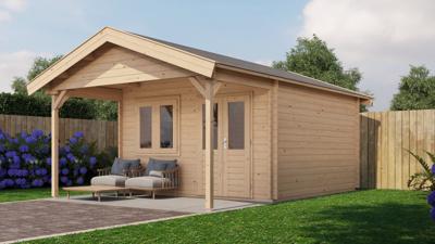 Lugarde Select Blokhut met overkapping Elburg 400x400cm + 200cm - Onbehandeld- Zadeldak- - Lugarde Select