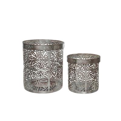 Decoris Waxinelicht houders set - 2x - metaal - grijs - bloemenpatroon - Windlichtjes - kaarsenhoude