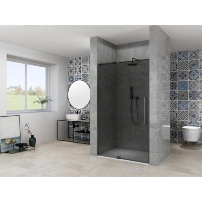 Van Rijn Products ST08 Nis Draaideur - 130x200cm - grijs rookglas - dikte 8mm - 2 delig - muurprofiel - stabilisatiestang - Zwart ST08300130GRZW