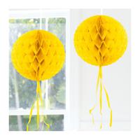 Decoratie bol - geel - 30 cm - crepe papier - versiering - feestversiering - thumbnail