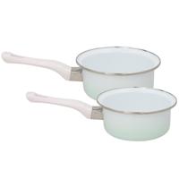 Melk en sauspannen set - 2x stuks - wit / blauw - D16 cm en D14 cm - emaille - steelpannen