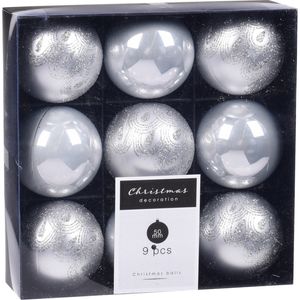 9x Kerstboomversiering luxe kunststof kerstballen zilver 5 cm