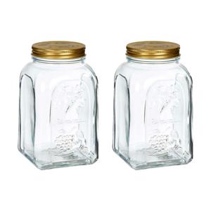 Voorraadpot/bewaarpot Square - 2x - glas - 1,5L - transparant/goud - D10 x H19 cm - voedsel bewaren