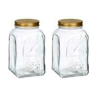 Voorraadpot/bewaarpot Square - 2x - glas - 1,5L - transparant/goud - D10 x H19 cm - voedsel bewaren