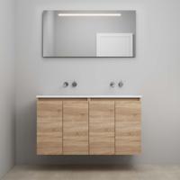 On-Line Badkamermeubelset - 120 cm - Voorgemonteerd - Greeploos 4 Deuren - Acryl Wastafel - Kraangat naar Keuze - Spiegel met LED-Verlichting - Eiken