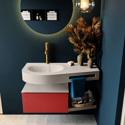 MONDIAZ RIVA 100cm badmeubel onderkast / planchet kleur Fire met 1 lade. Wastafel DULCET links 1 kraangat kleur Linen.