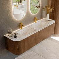 Mondiaz KURVE-DLUX 170 cm Onderkast Greeploos 1 Lade Met Deuren Walnut, Wastafel Solid Surface Dubbel Glace 2 Kraangaten Zonder Spiegel (KRVLEA170L+R1L2D2KD-Wal/Gla)