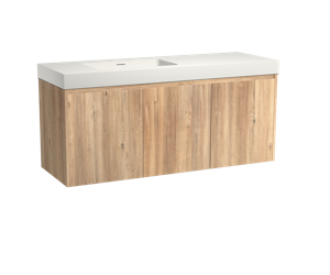 Storke Seda zwevend badmeubel met draaideur 150 x 52 cm ruw eiken met Mata High asymmetrisch linkse wastafel in matte Solid Surface