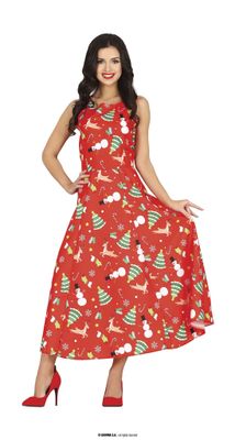 Kerstjurk Lang Rood Met X-Mas prints