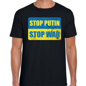 Stop putin stop war t-shirt zwart heren - Oekraine shirt met Oekraiense vlag