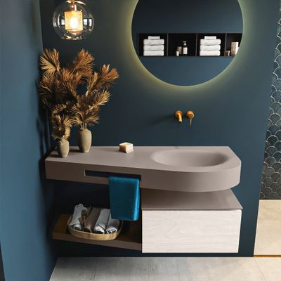 MONDIAZ RIVA 120cm badmeubel onderkast / planchet kleur Underlayment met 1 lade. Wastafel DULCET rechts 0 kraangaten kleur Smoke.