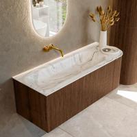 Badmeubel Mondiaz Kurve-Dlux | 125 cm | Meubelkleur Walnut | Wastafelkleur Glace | Solid surface | Links spoelbak | Zonder kraangat(en)