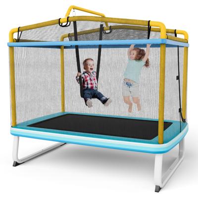 3 In 1 Rechthoekige Kindertrampoline voor Buiten met Schommel & Horizontale Rekstok Tuintrampoline met Veiligheidsnet (Blauw+Geel)