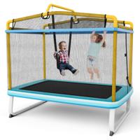 3 In 1 Rechthoekige Kindertrampoline voor Buiten met Schommel & Horizontale Rekstok Tuintrampoline met Veiligheidsnet (Blauw+Geel)