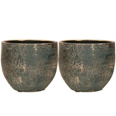 Luxe plantenpot/bloempot Madeira - Set van 2x stuks - blauw/goud - keramiek - 14 cm
