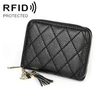 KB213 Diamond Texture Zipper Cowhide Leather Double Row Organ Shape Multiple Card Slots Anti-magnetic RFID Wallet Clutch Bag for Ladies (Black)