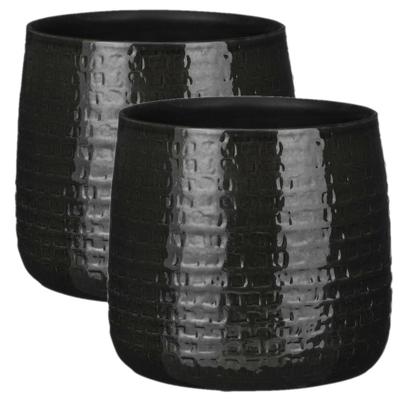 Plantenpot/bloempot keramiek zwart relief patroon - 2x - D24 en H21 cm