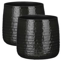 Plantenpot/bloempot keramiek zwart relief patroon - 2x - D24 en H21 cm