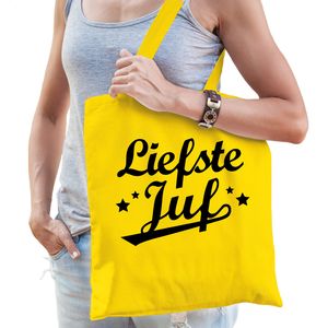 Cadeau tas voor juf - liefste juf - geel - katoen - 42 x 38 cm - juffendag