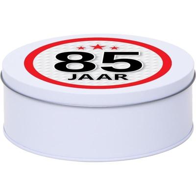 Leeftijd Snoeptrommel - koektrommel Cadeau - wit - rond blik - met 85 jaar sticker
