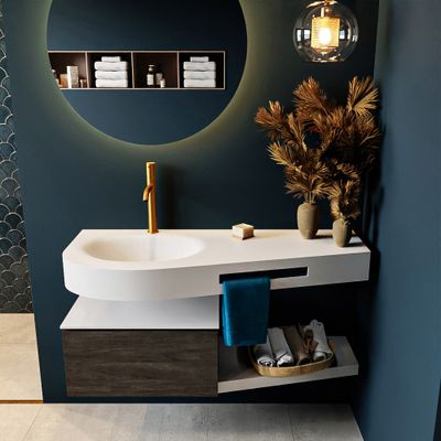 MONDIAZ RIVA 120cm badmeubel onderkast / planchet kleur Dark_Brown met 1 lade. Wastafel DULCET links 1 kraangat kleur Talc. MONDIAZ RIVA 120cm badmeubel onderkast / planchet kleur Dark_Brown met 1 lade. Wastafel DULCET links 1 kraangat kleur Talc.