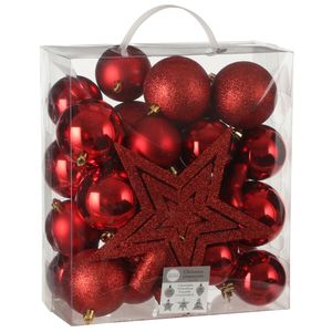 39x stuks kunststof kerstballen en kerstornamenten met ster piek rood mix   -