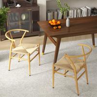2-delige set Eetkamerstoelen Keukenstoelen met Y-vormige Rugleuning & Gevlochten Rattan Zitkussen Accentstoelen Stapelbaar Natuurlijk