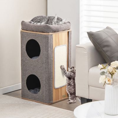 Kattenmand Kattenhuis met Krabplank en 3 Matten Speelton voor Katten tot 20 kg Kattenkrabpaal met Holletjes Grijs + Natuur