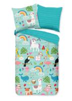Good Morning Kinderdekbedovertrek "dieren en regenbogen" - Aqua - (135x200 cm) - Katoen