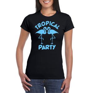 Tropical party T-shirt voor dames - met glitters - zwart/blauw - carnaval/themafeest