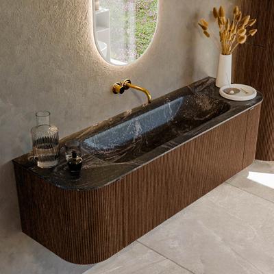 Badmeubel Mondiaz Kurve-Dlux | 150 cm | Meubelkleur Walnut | Wastafelkleur Lava | Solid surface | Midden spoelbak | Zonder kraangat(en)