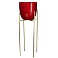 Bloempot D25 cm rood met plantenpot verhoger goud/metaal van 55 cm - thumbnail