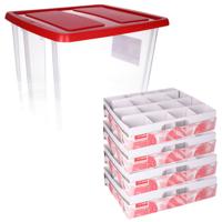 Opbergbox - 3x - voor 64 kerstballen - 45 liter - rood deksel - kerstversiering opruimen