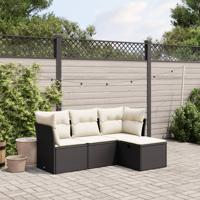 4-delige Loungeset met kussens poly rattan zwart