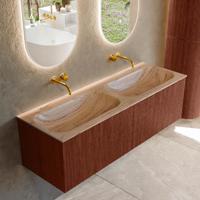 Badmeubel Mondiaz Kurve-Dlux | 140 cm | Meubelkleur Ruby | Wastafelkleur Arena | Solid surface | Wasbak beide zijden spoelbak | Zonder kraangat(en)