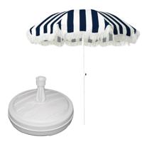 Tuin parasol - met vulbare parasolvoet in wit - doek blauw/wit gestreept - D180 cm - polyester