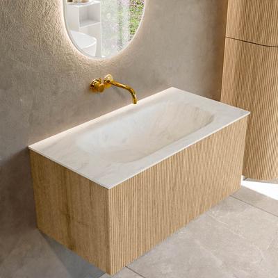Badmeubel Mondiaz Kurve-Dlux | 90 cm | Meubelkleur Oak | Wastafelkleur Opalo | Solid surface | Midden spoelbak | Zonder kraangat(en)