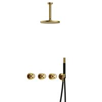 Hotbath Cobber - CW7067 - Inbouw Regendoucheset - Geborsteld Messing PVD - 2 Stopkranen - Thermostatisch - Plafondbuis 15 cm - Hoofddouche 200 mm - Ronde Handdouche - Waterbesparend