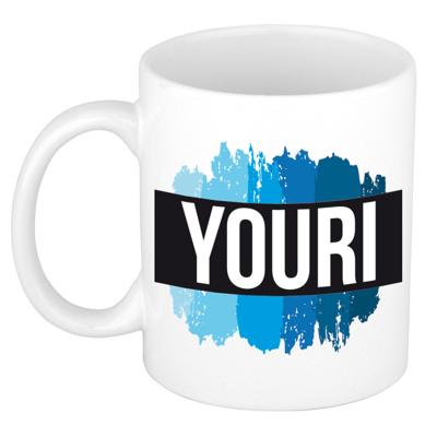 Youri naam cadeau koffie mok - beker - met blauw verfstrepen - Cadeau collega - vaderdag