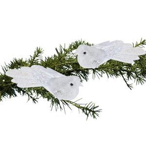 2x stuks kunststof decoratie vogels op clip wit met pailletten 15 cm