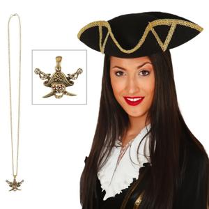 Verkleed set Piraten hoed - zwart - met gouden piraten ketting - heren/dames